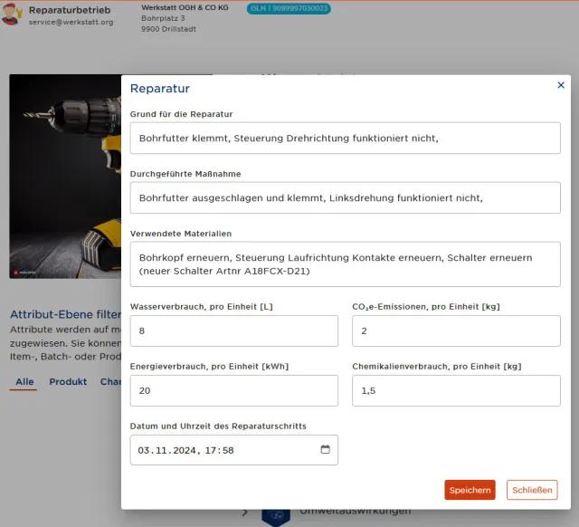 Screenshot aus dem DPP Demo-Tool: Erfassung einer Reparatur