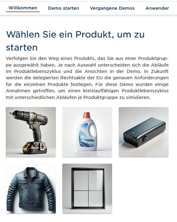 Screenshot aus dem DPP-Demo-Tool: Auswahl einer Produktgruppe zur Demo