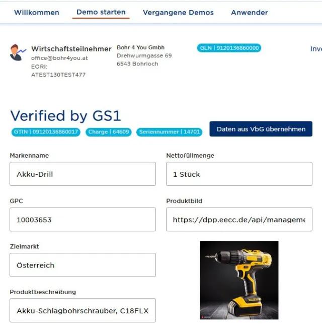 Screenshot aus dem DPP-Demo-Tool: Import der Stammdaten aus Verified by GS1