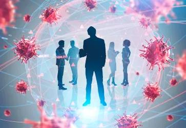 Bildcollage, die Viren und Menschen zeigt