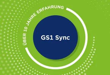 Grafik zeigt einen Kreis mit der Bezeichnung "GS1 Sync" im Mittelpunkt, umrandet von "Über 10 Jahre Erfahrung"