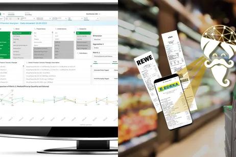 Fotocollage zeigt einen Screenshot der Data Insights Plattform neben dem Logo von marktguru, das Rechnungen scannt