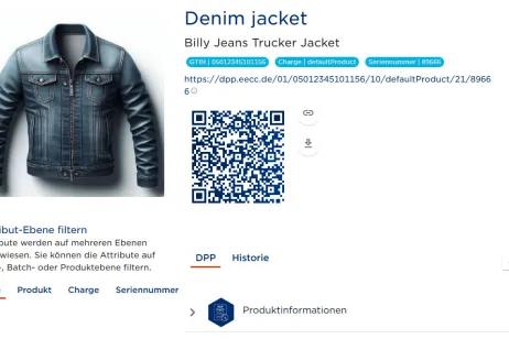 Screenshot aus dem DPP Demonstrator mit einer Jeansjacke als Produktbeispiel