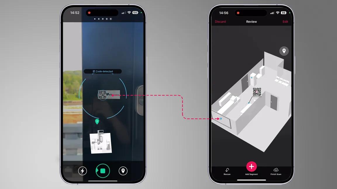 Screenshots aus der App Metaroom by Amrax beim Scannen eines QR-Codes