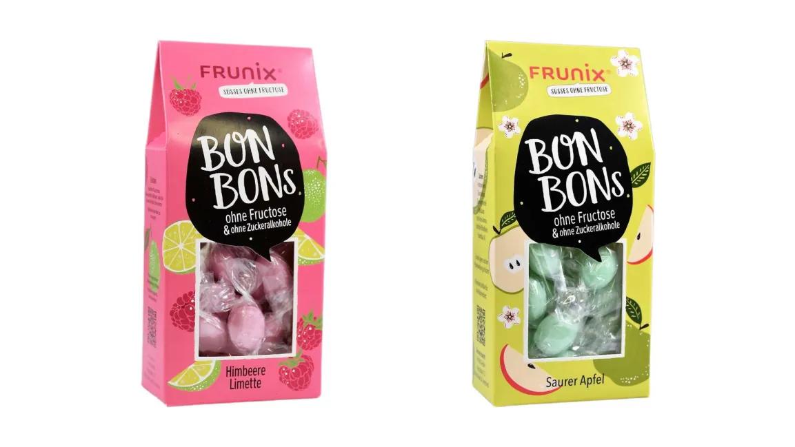 Foto zeigt Frunix Bonbons in den Sorten Saurer Apfel und Himbeer-Limette