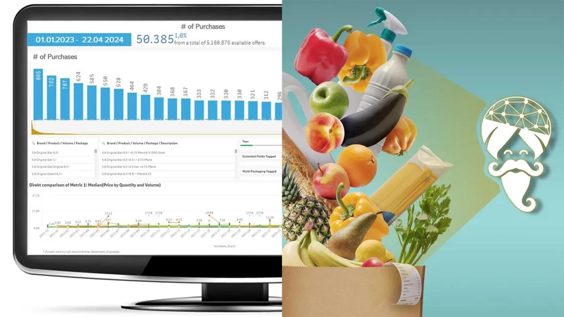 Fotocollage zeigt einen Screenshot der Data Insights Plattform neben dem Logo von Marktguru, das Obst und Gemüse scannt
